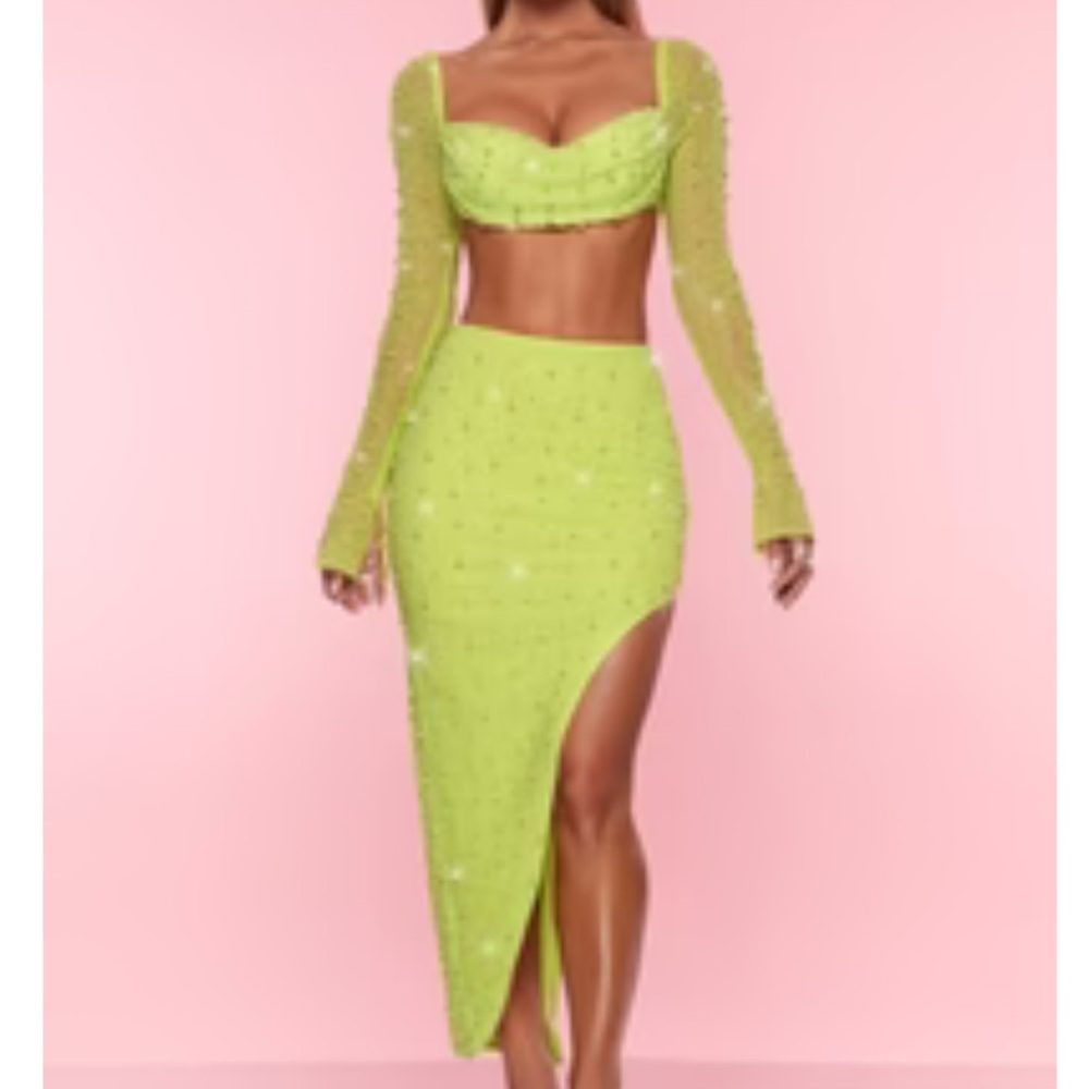 Oh Polly Neon Green Embellished Maxi and Crop Co-ord